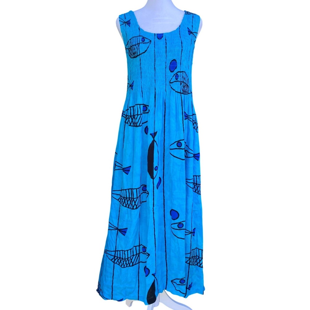 Vintage Blue Fish Print Smocked Maxi Dress Small Coastal Boho Hippie Granola 90s